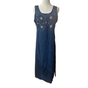Vintage Amilano Denim Split Dress‎ 90's Cottagecore Floral Embroidered Sz S
